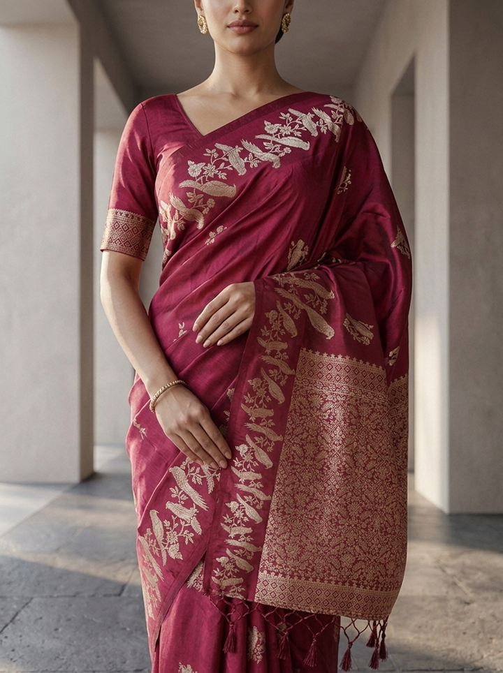 Wine Silk Saree With Zari Border