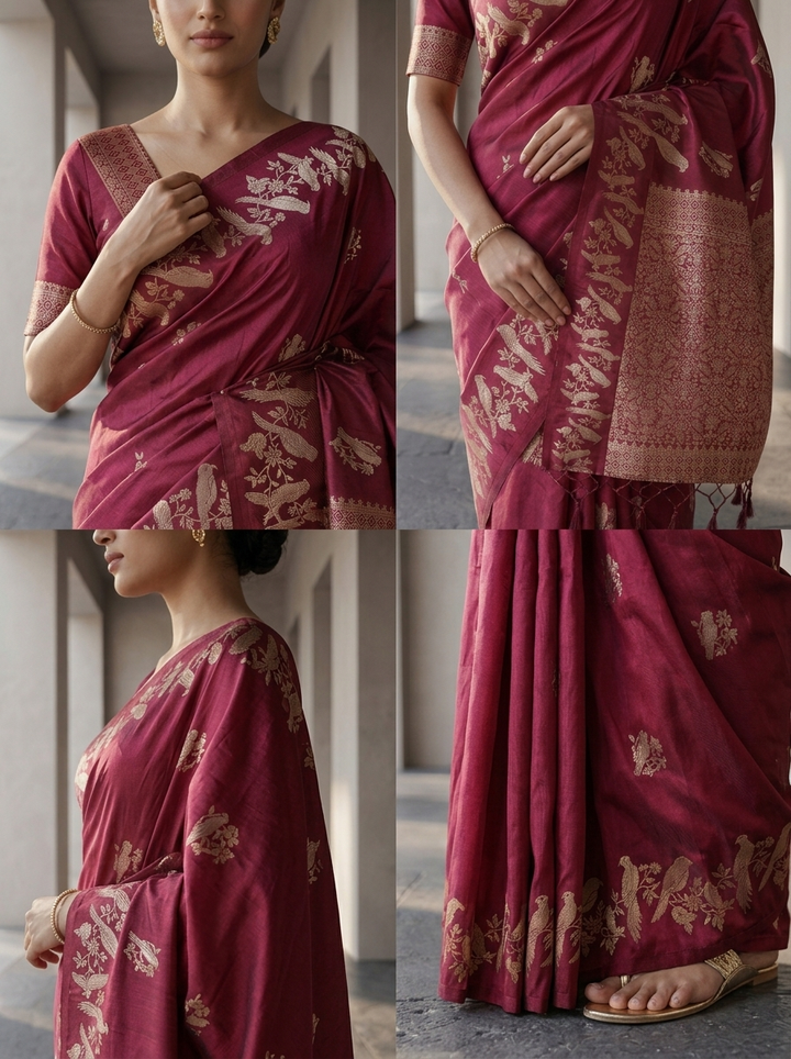 Wine Silk Saree With Zari Border