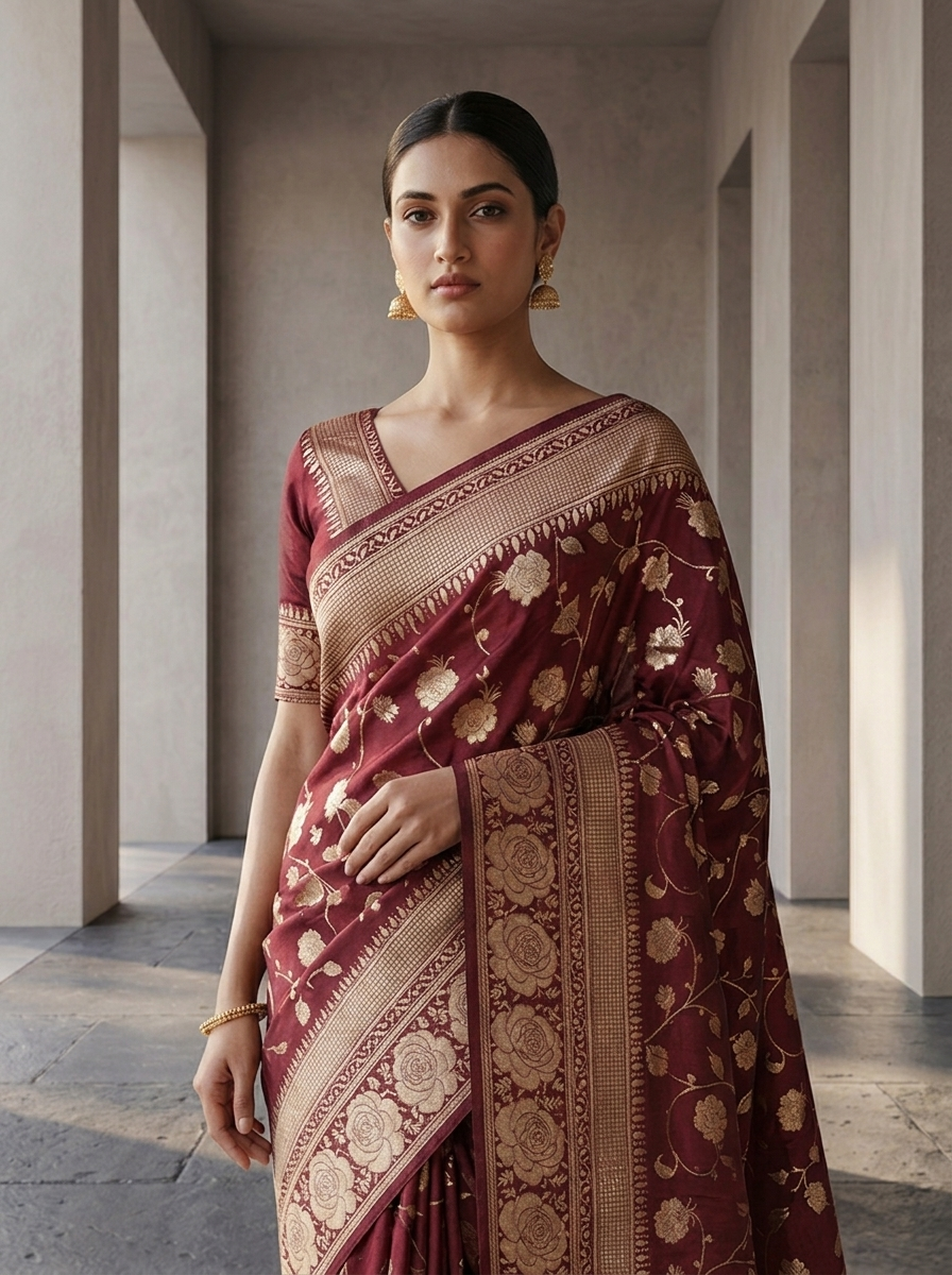 Wine Floral Design Weaved Silk Saree