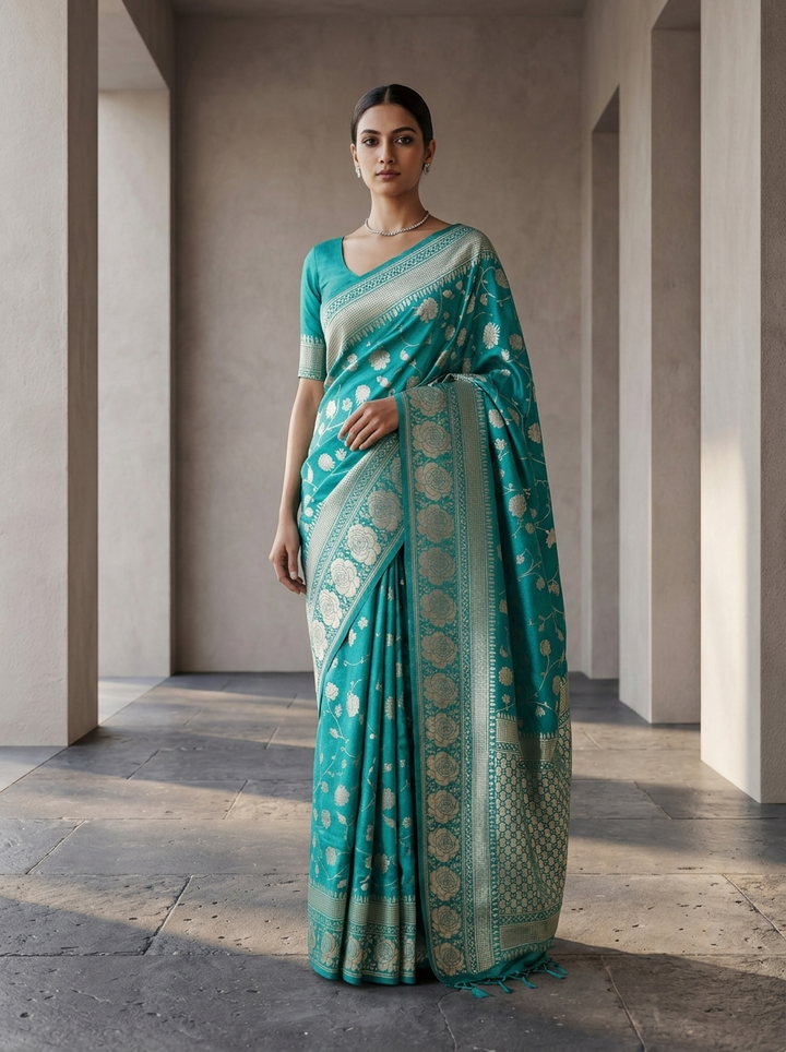 Sea Green Floral Design Weaved Silk Saree