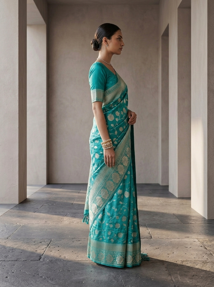 Sea Green Floral Design Weaved Silk Saree