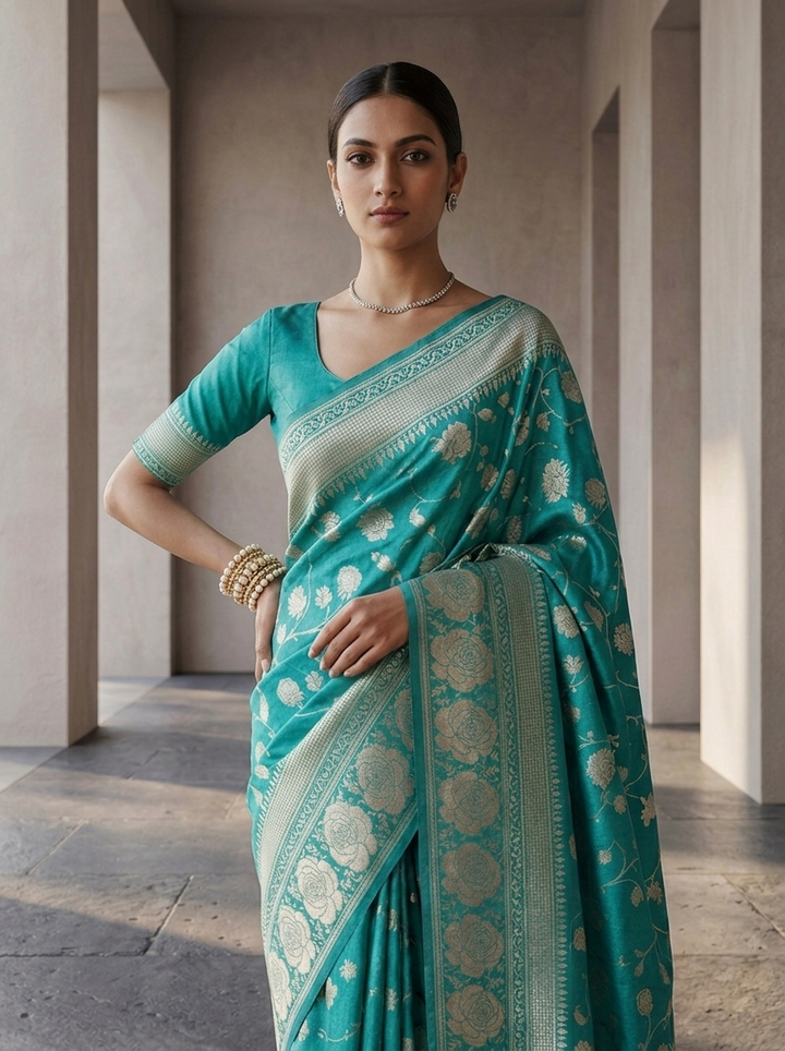 Sea Green Floral Design Weaved Silk Saree