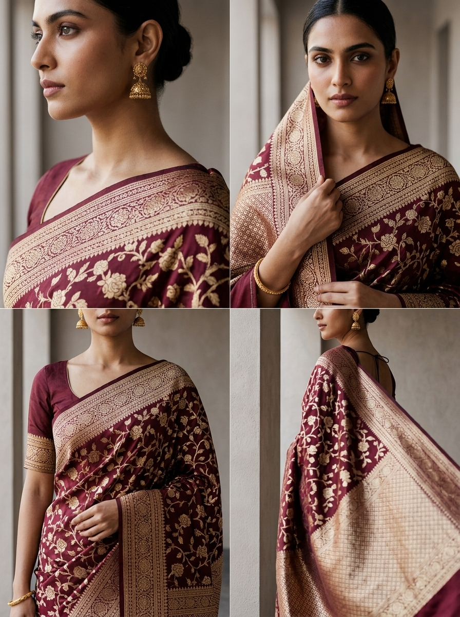 Wine Floral Design Weaved Silk Saree