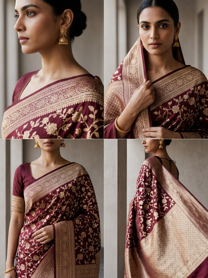 Wine Floral Design Weaved Silk Saree