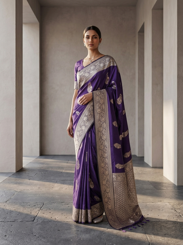 Purple Silk Saree with Floral Gold Zari Weaving