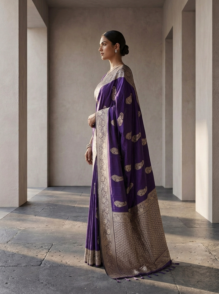 Purple Silk Saree with Floral Gold Zari Weaving