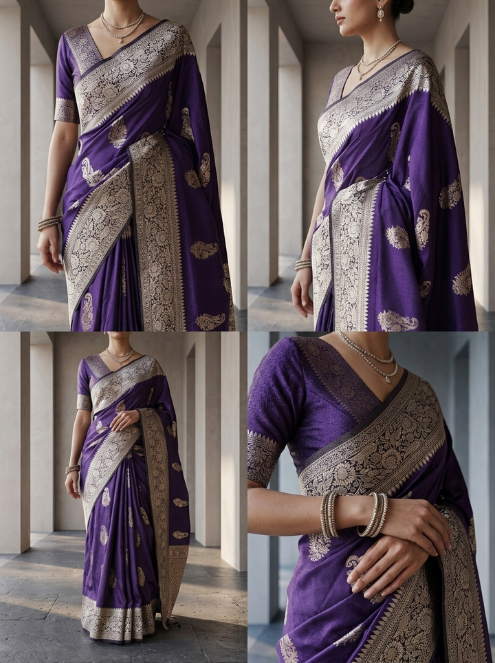 Purple Silk Saree with Floral Gold Zari Weaving