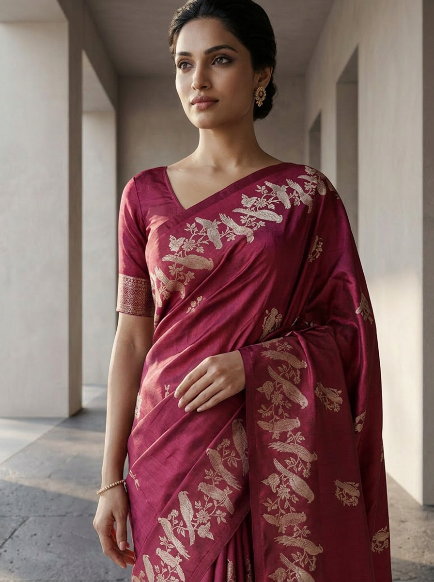 Wine Silk Saree With Zari Border