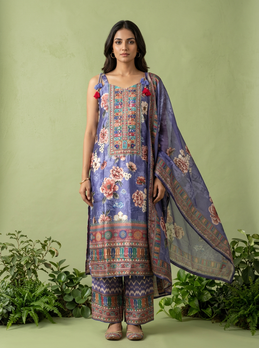 Purple Crepe Floral Printed And Thread Embroidery Three Piece Set