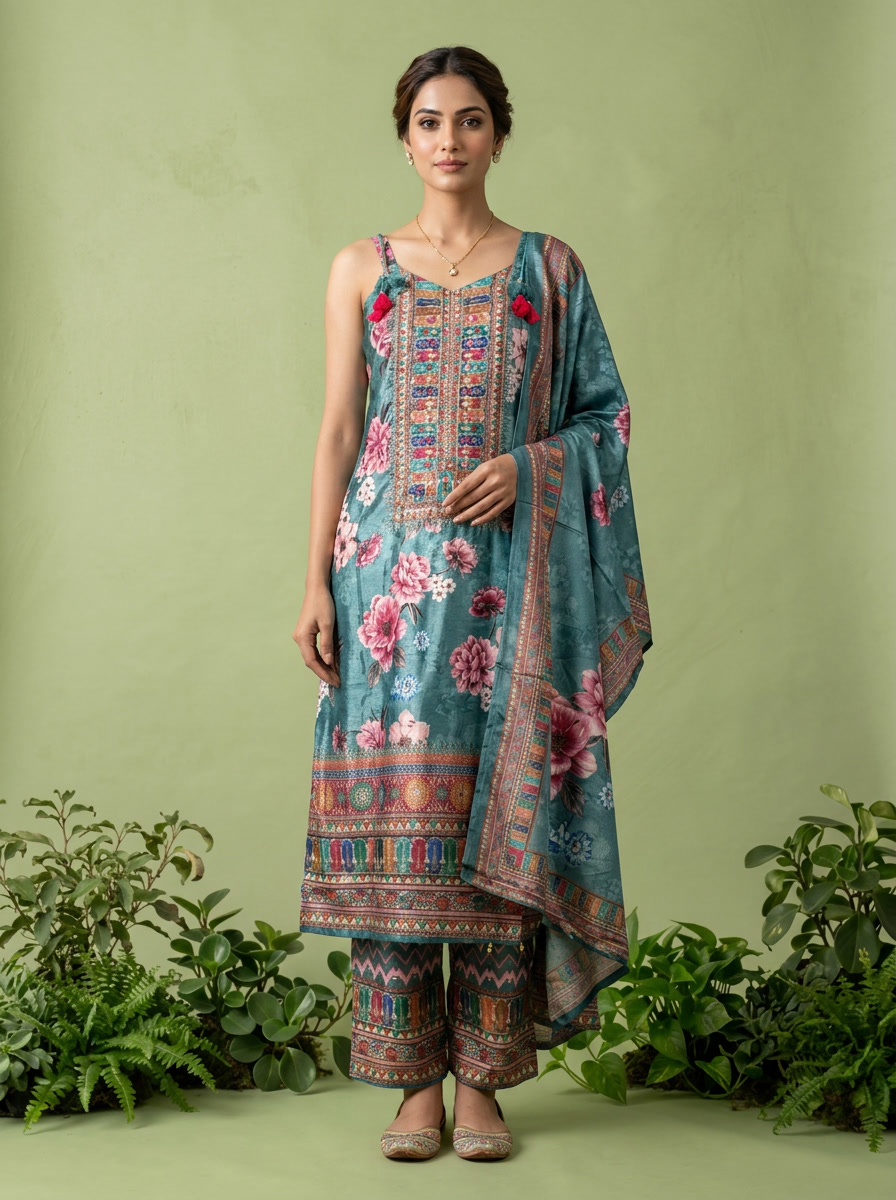 Aqua Green Crepe Floral Printed And Thread Embroidery Three Piece Set