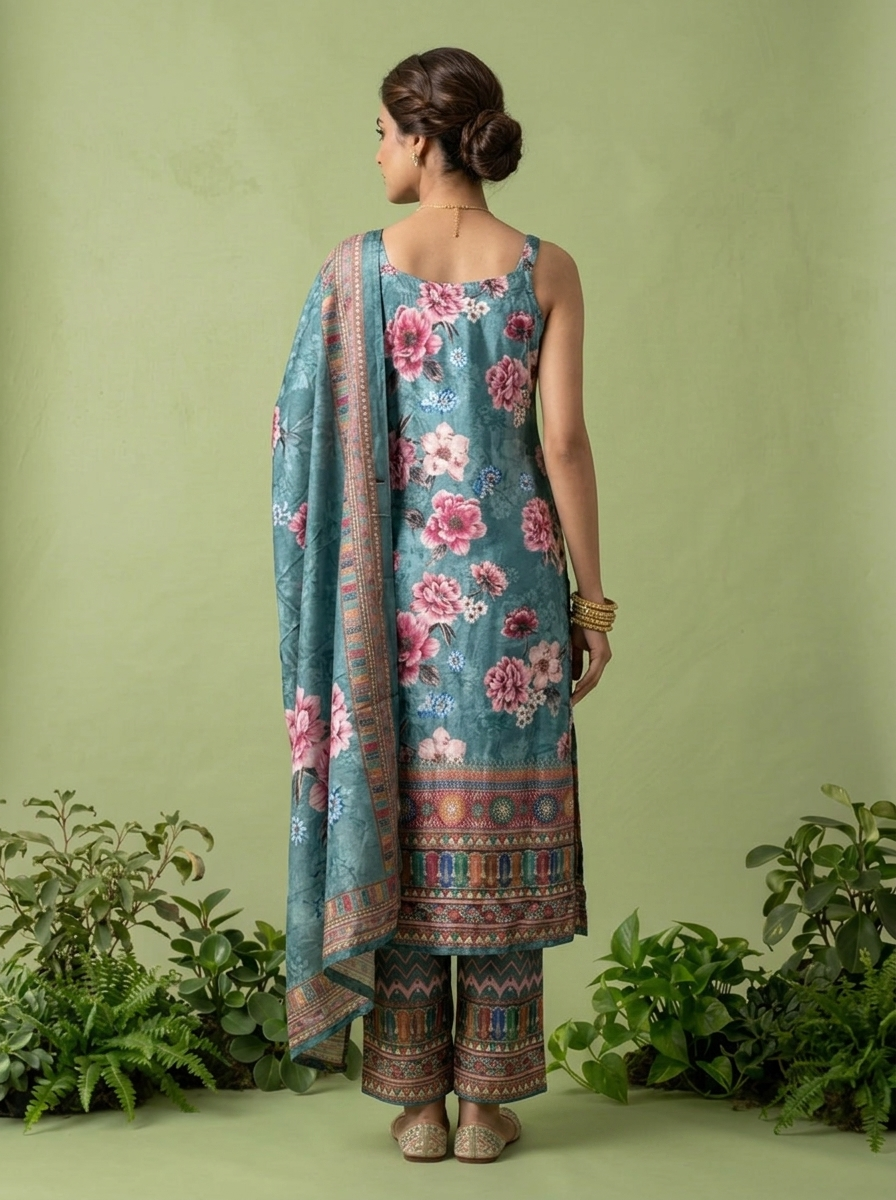 Aqua Green Crepe Floral Printed And Thread Embroidery Three Piece Set