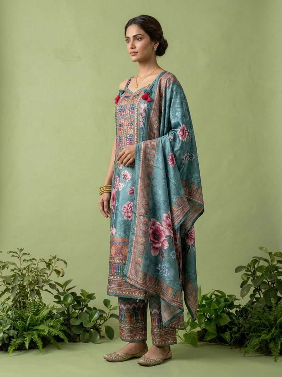 Aqua Green Crepe Floral Printed And Thread Embroidery Three Piece Set