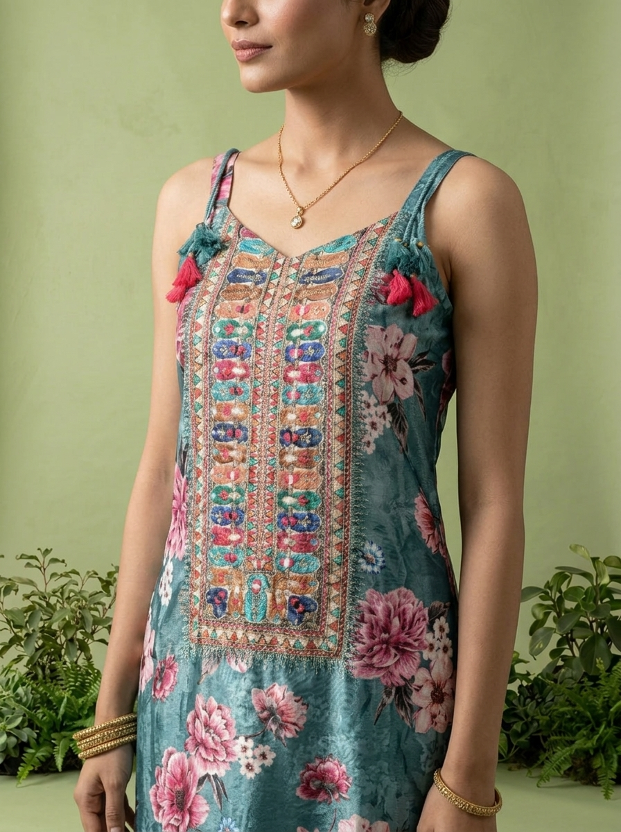 Aqua Green Crepe Floral Printed And Thread Embroidery Three Piece Set