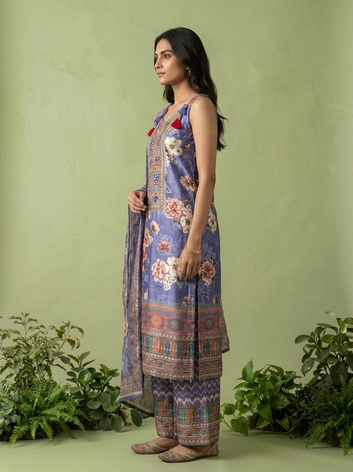 Purple Crepe Floral Printed And Thread Embroidery Three Piece Set