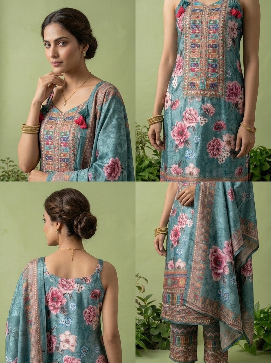 Aqua Green Crepe Floral Printed And Thread Embroidery Three Piece Set
