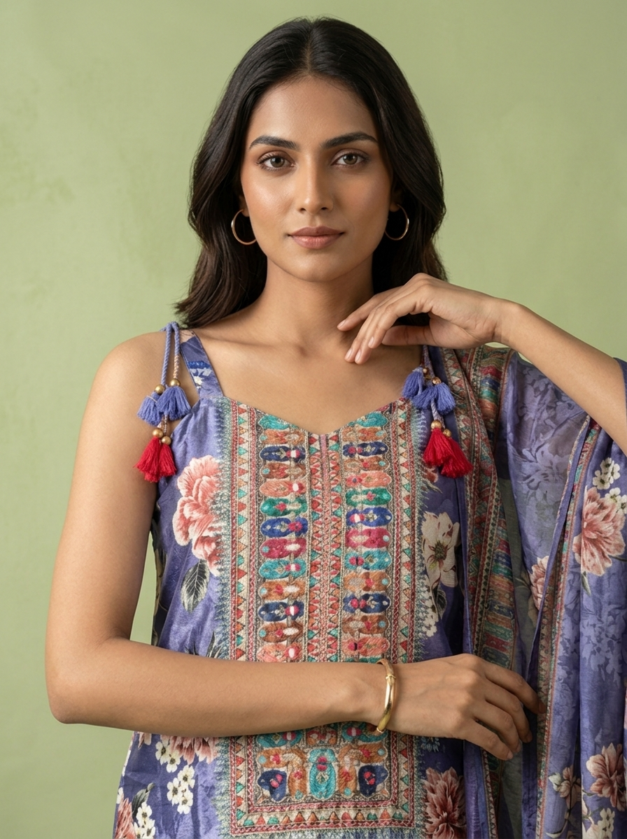 Purple Crepe Floral Printed And Thread Embroidery Three Piece Set