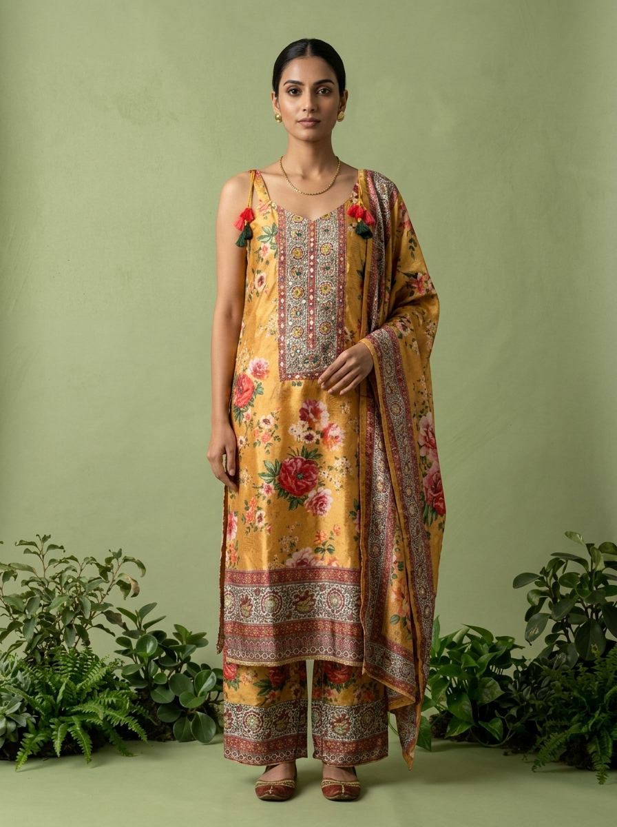 Mustard Crepe Floral Printed And Thread Embroidery Three Piece Set
