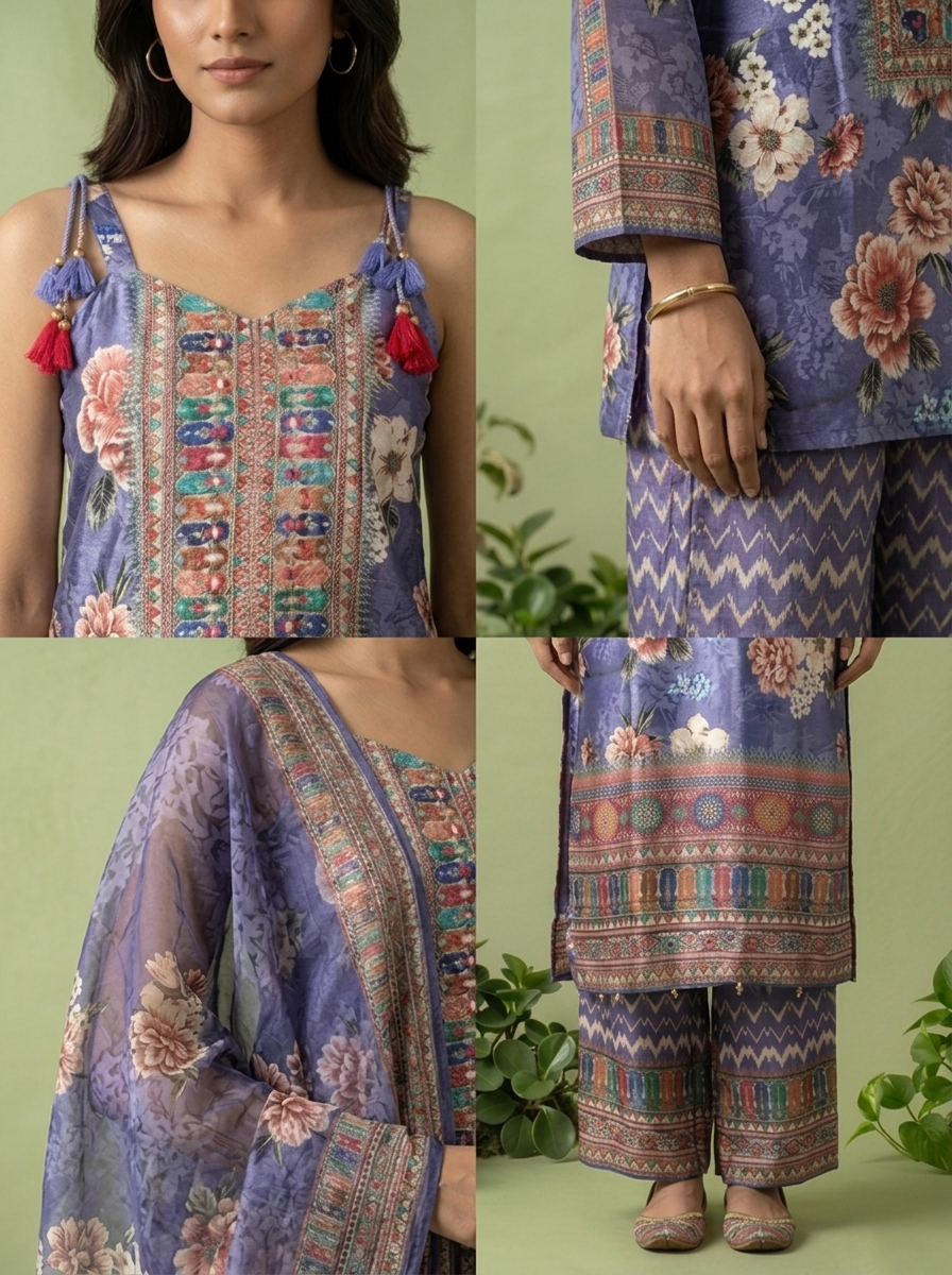 Purple Crepe Floral Printed And Thread Embroidery Three Piece Set