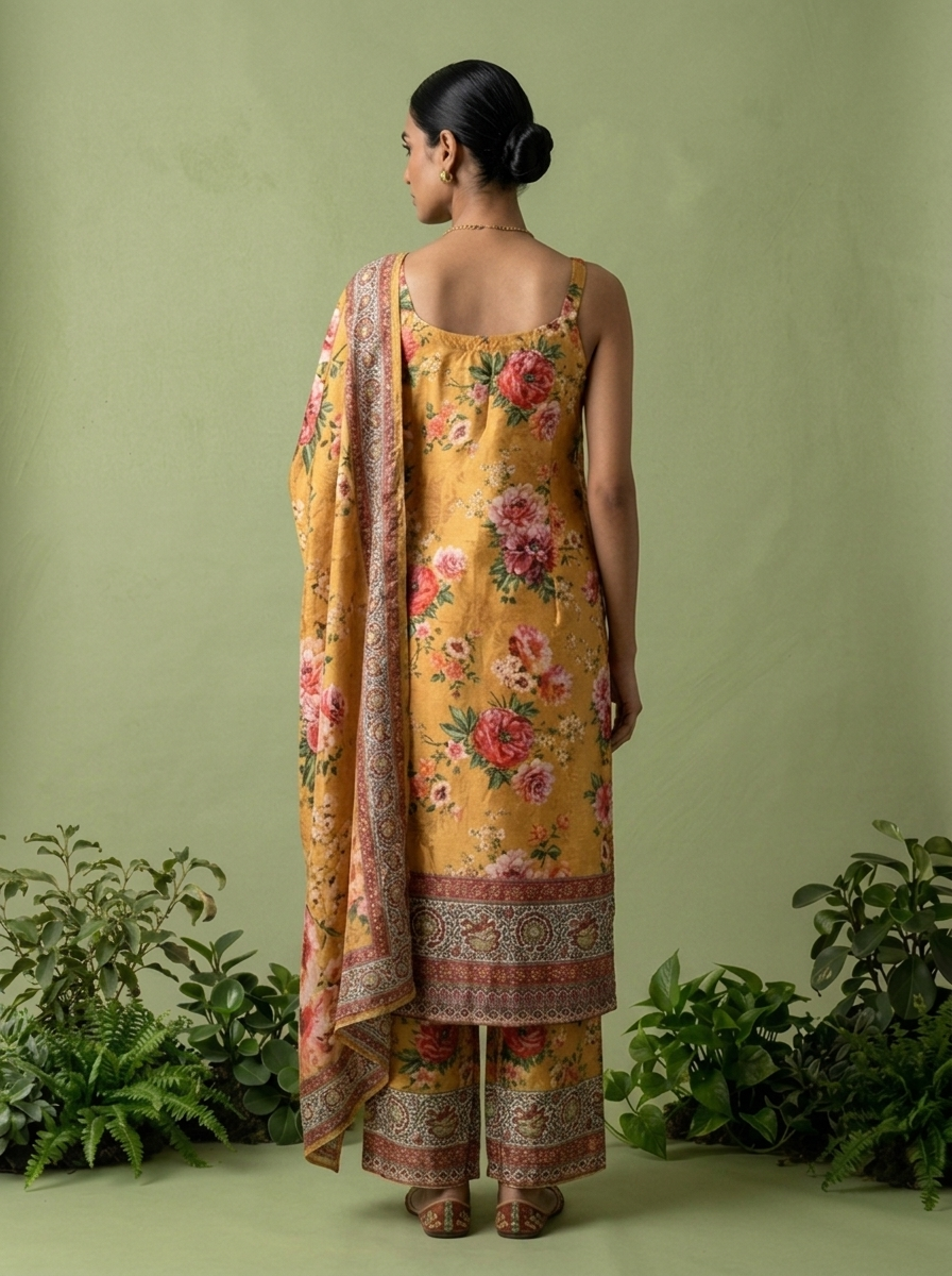 Mustard Crepe Floral Printed And Thread Embroidery Three Piece Set