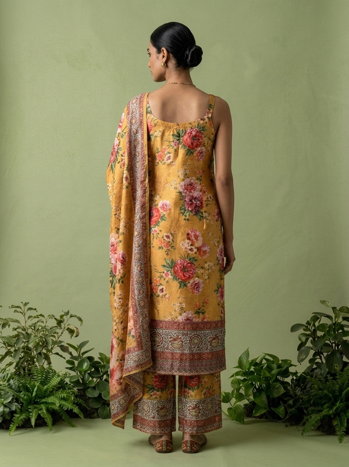 Mustard Crepe Floral Printed And Thread Embroidery Three Piece Set