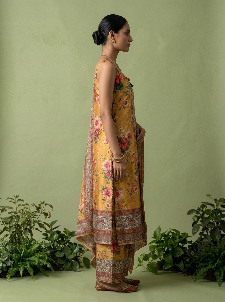 Mustard Crepe Floral Printed And Thread Embroidery Three Piece Set