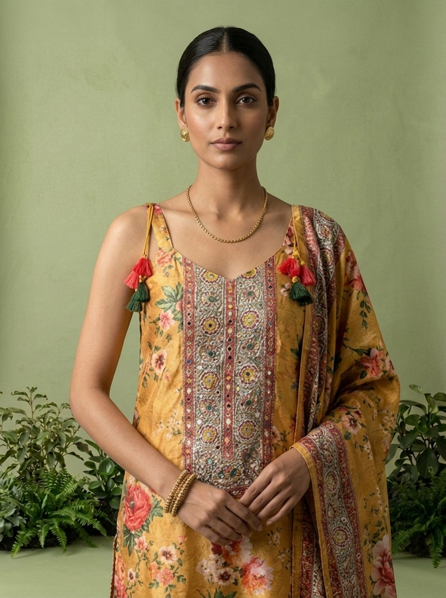 Mustard Crepe Floral Printed And Thread Embroidery Three Piece Set