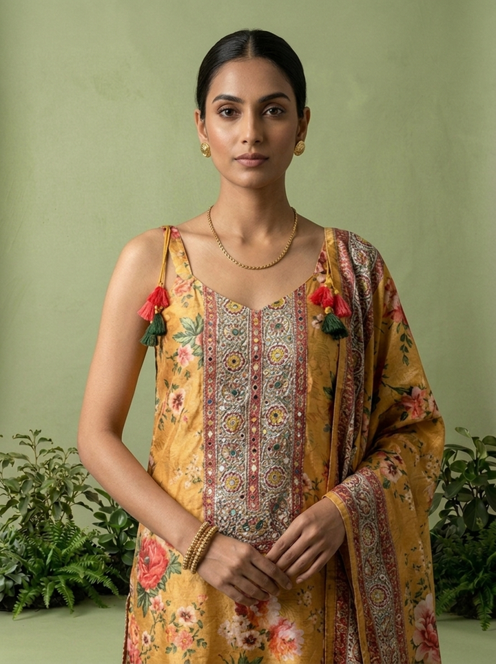 Mustard Crepe Floral Printed And Thread Embroidery Three Piece Set