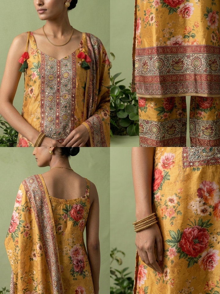 Mustard Crepe Floral Printed And Thread Embroidery Three Piece Set