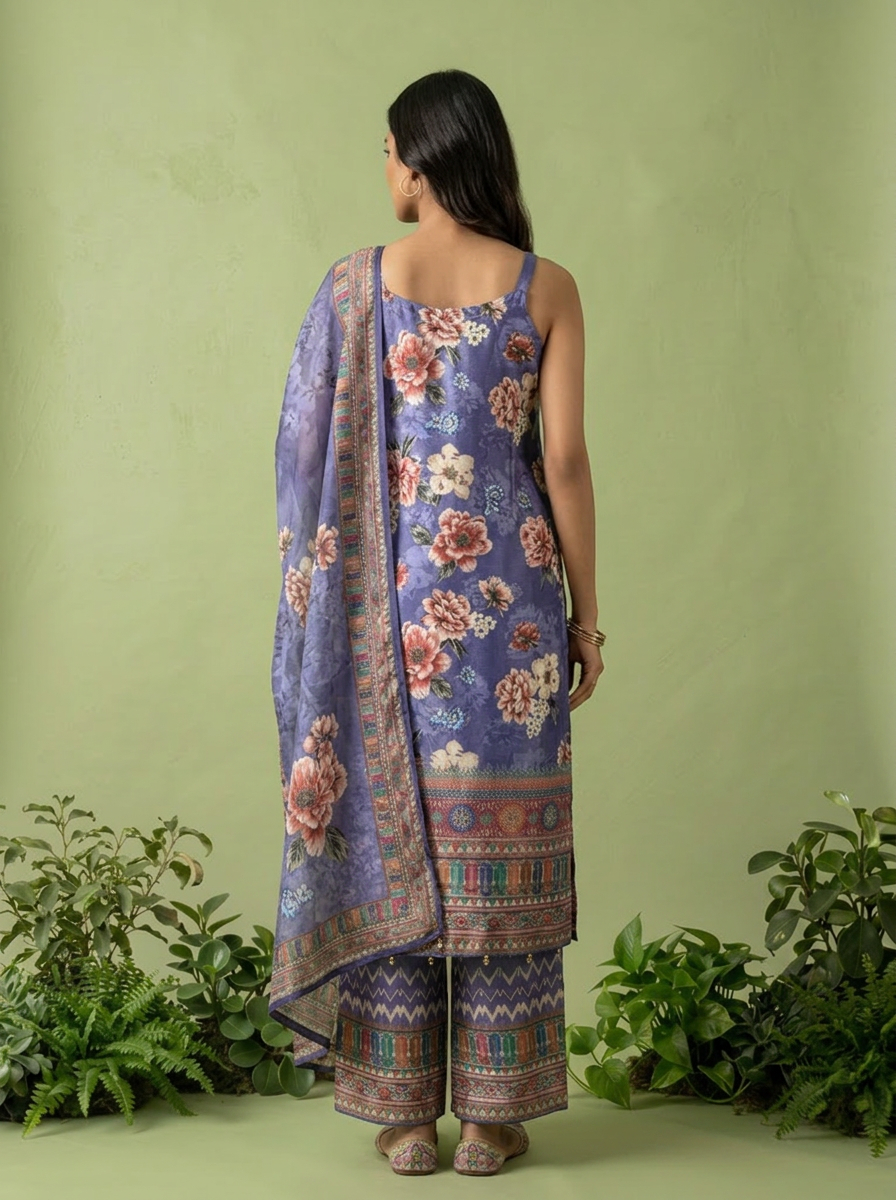 Purple Crepe Floral Printed And Thread Embroidery Three Piece Set