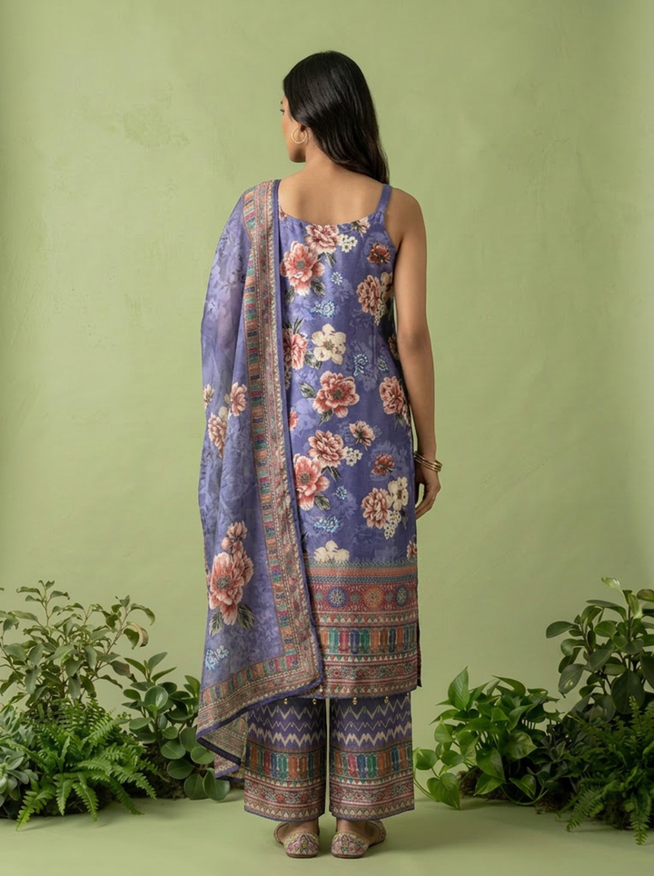 Purple Crepe Floral Printed And Thread Embroidery Three Piece Set