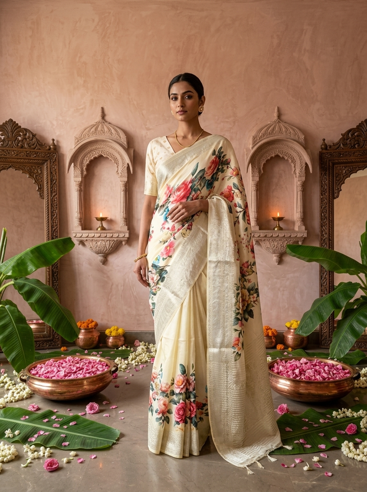 Green Floral Printed Silk Saree