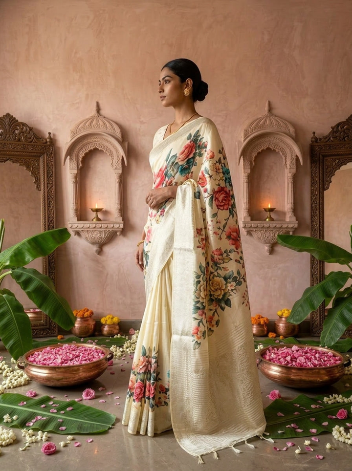 Green Floral Printed Silk Saree