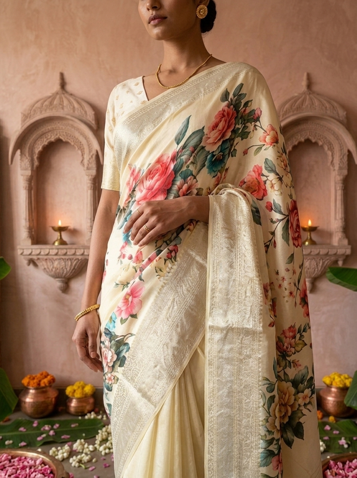 Green Floral Printed Silk Saree