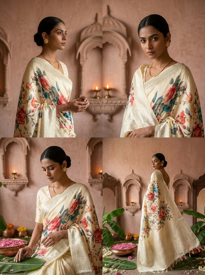 Green Floral Printed Silk Saree