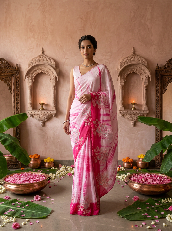 Pink Floral Thread Embroidered Crepe Saree
