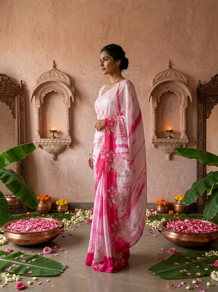Pink Floral Thread Embroidered Crepe Saree