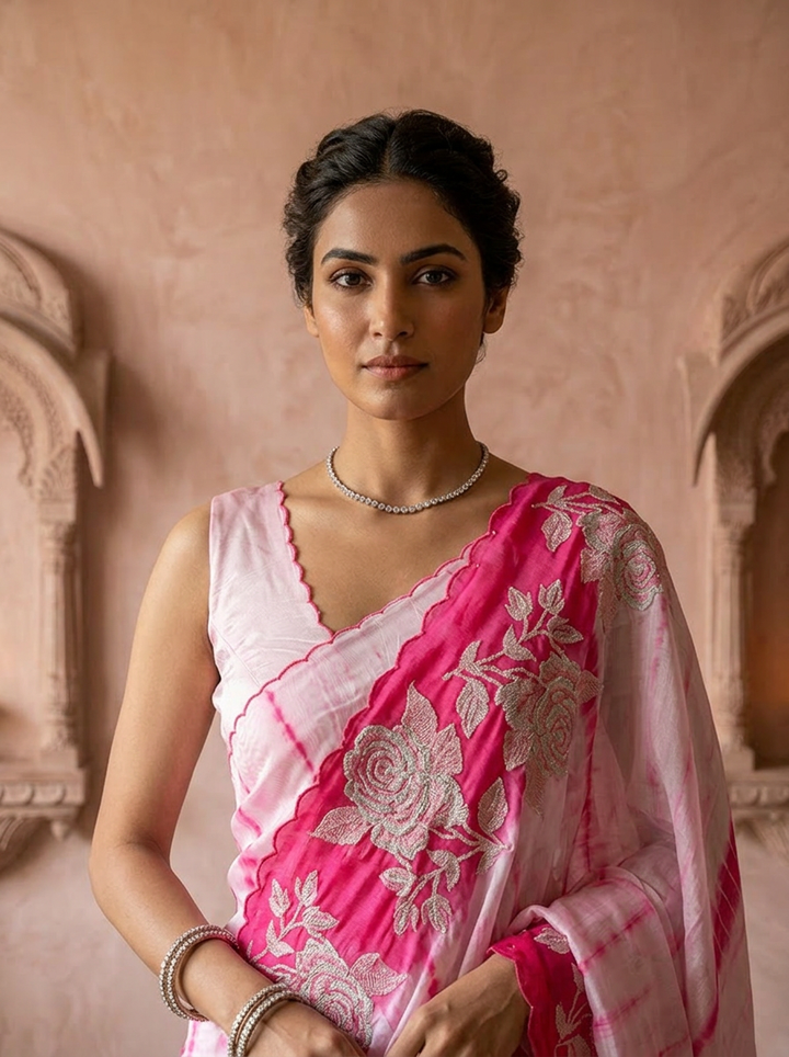 Pink Floral Thread Embroidered Crepe Saree