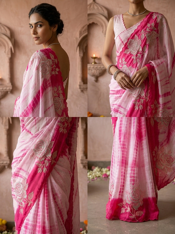 Pink Floral Thread Embroidered Crepe Saree