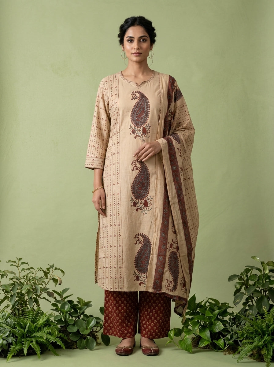 Maroon Cotton Paisley Printed Three Piece Set