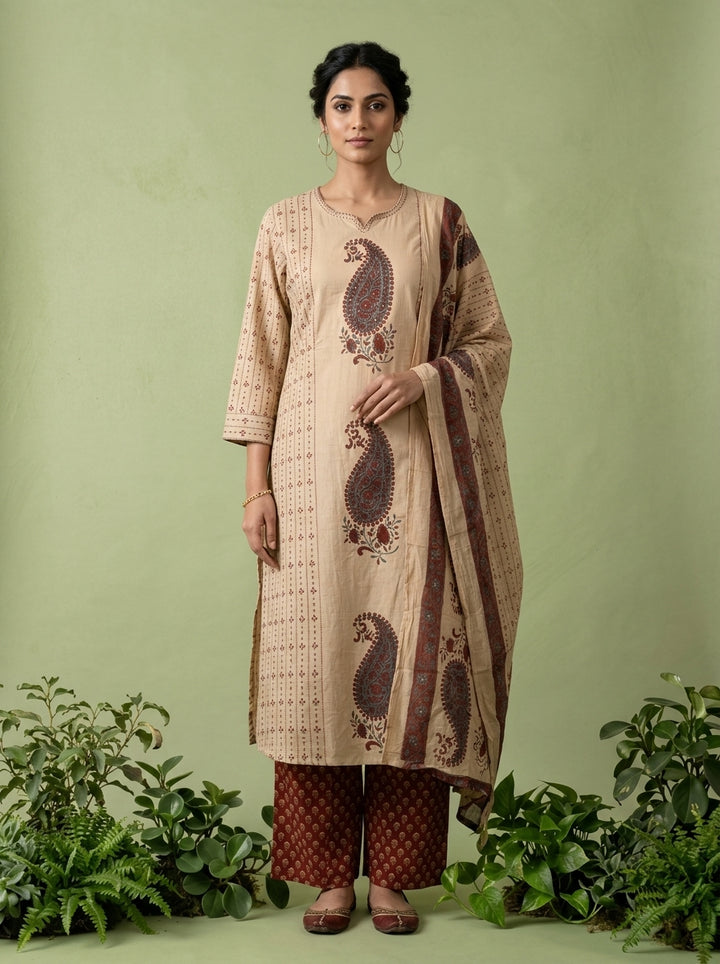 Maroon Cotton Paisley Printed Three Piece Set