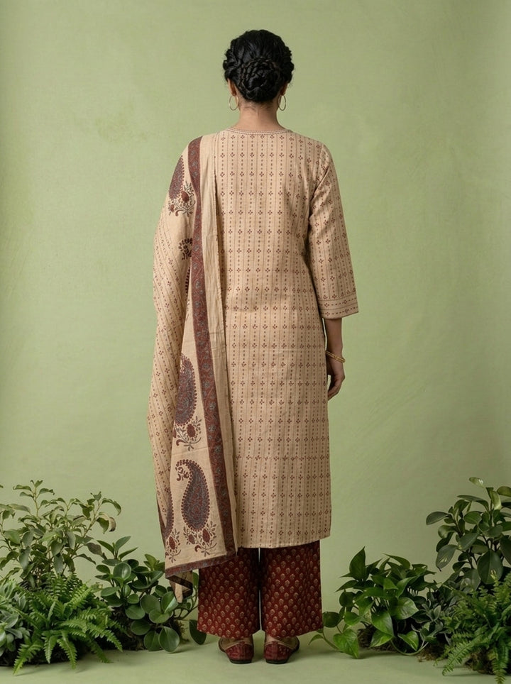 Maroon Cotton Paisley Printed Three Piece Set