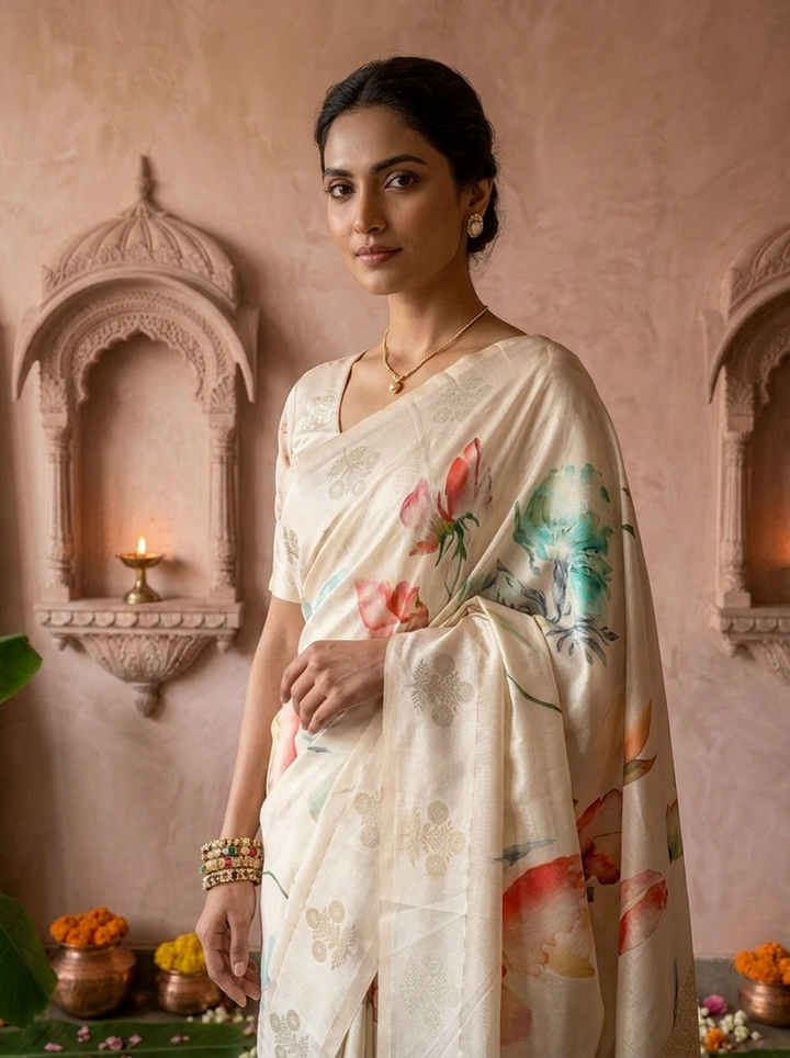 Cream Printed Silk Saree With Ethnic Motifs Design