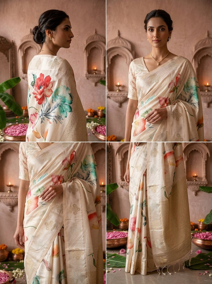Cream Printed Silk Saree With Ethnic Motifs Design