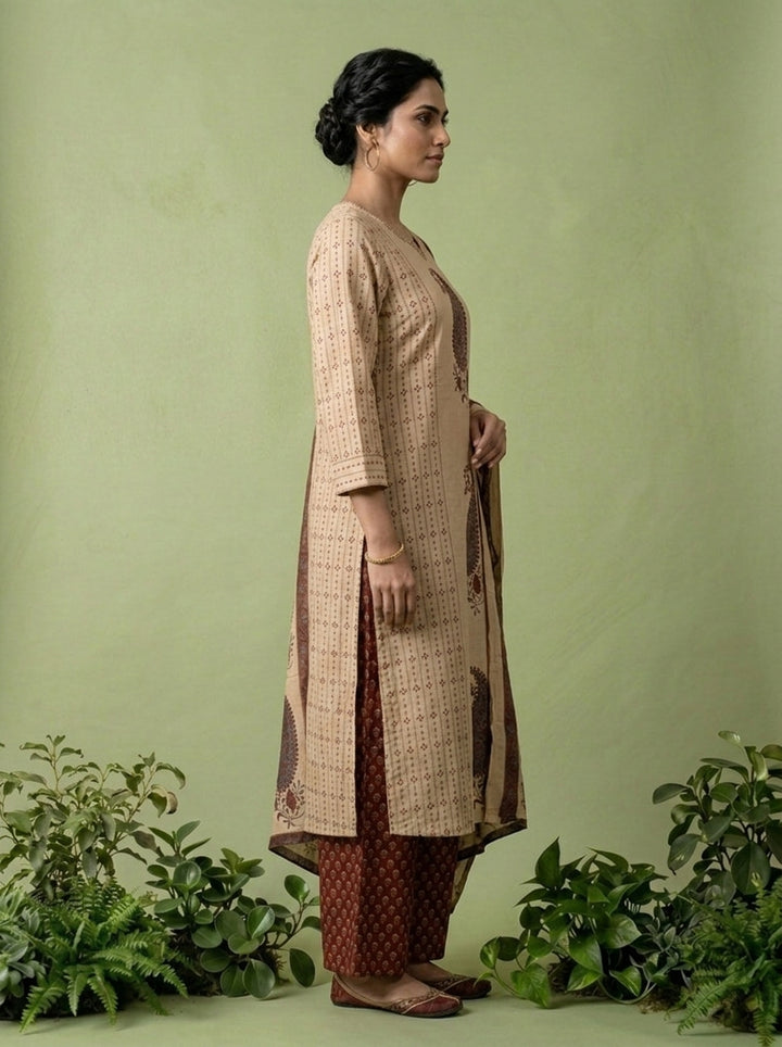 Maroon Cotton Paisley Printed Three Piece Set