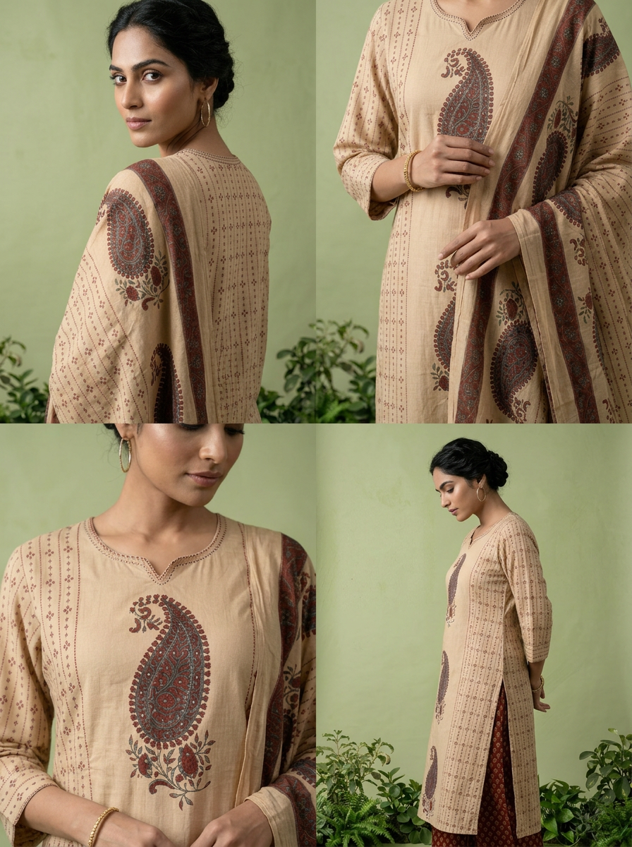 Maroon Cotton Paisley Printed Three Piece Set