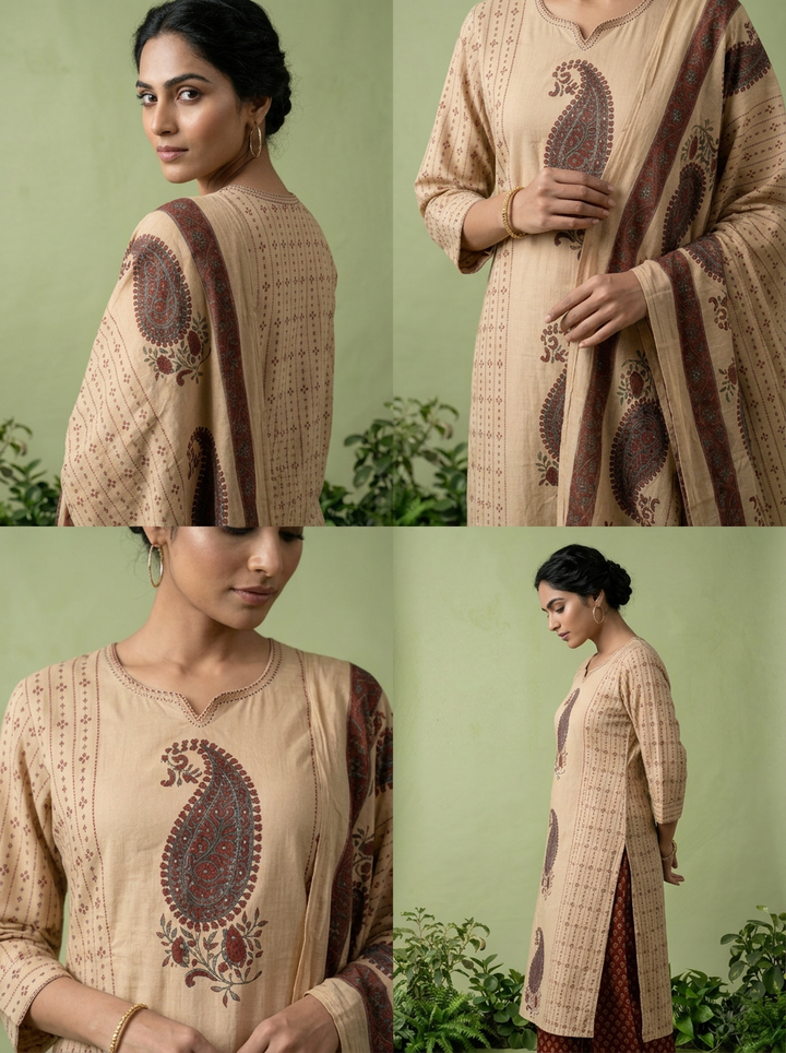 Maroon Cotton Paisley Printed Three Piece Set