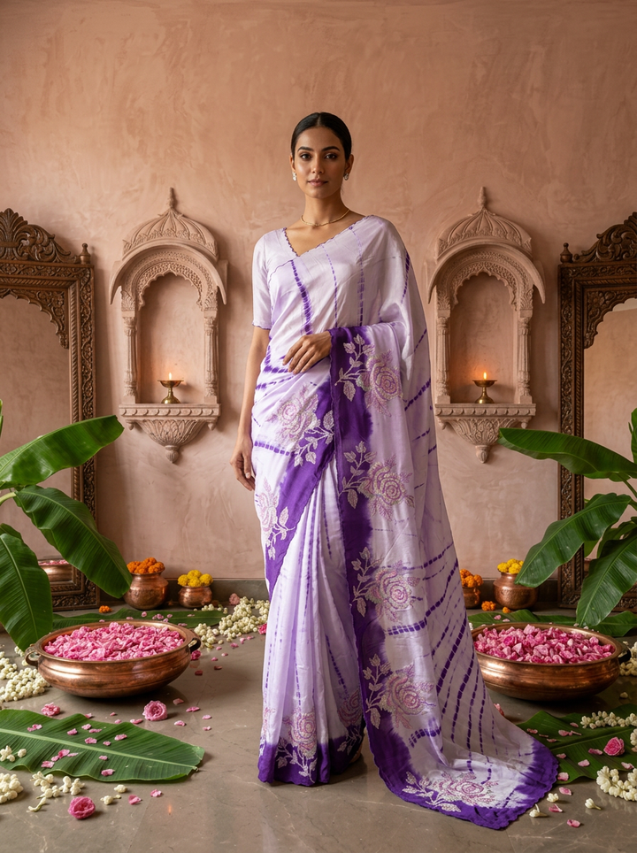 Purple Floral Thread Embroidered Crepe Saree