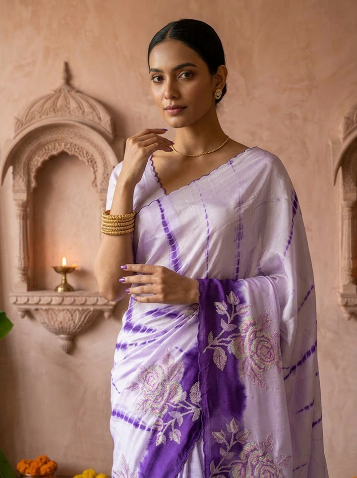 Purple Floral Thread Embroidered Crepe Saree