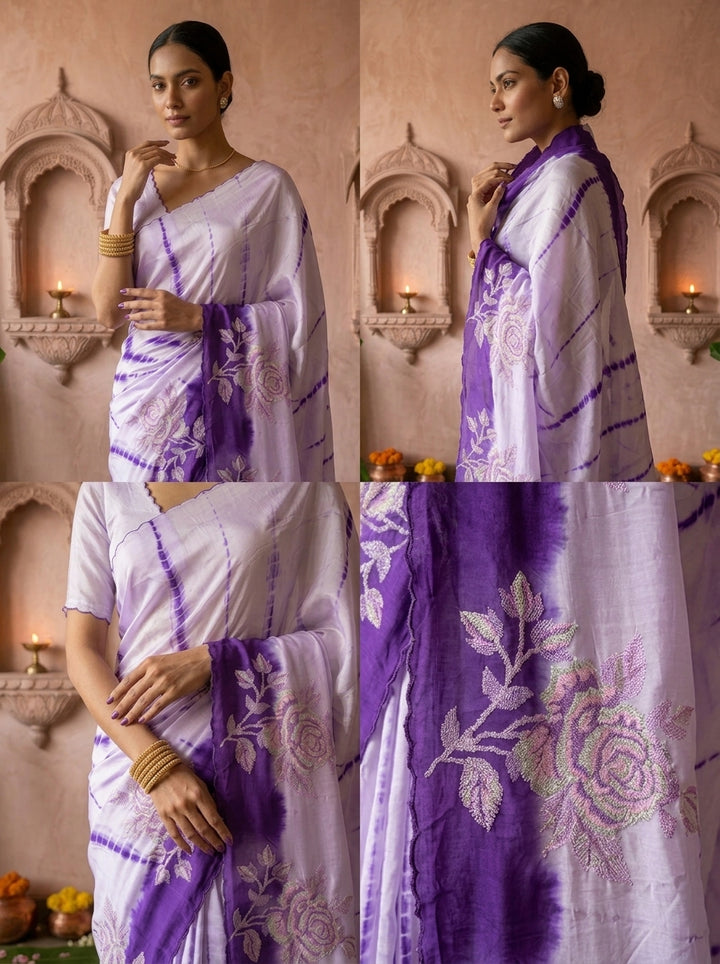 Purple Floral Thread Embroidered Crepe Saree