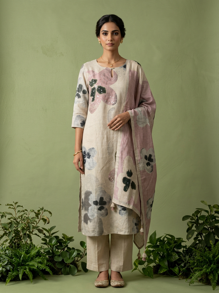Off White Linen Floral Printed Three Piece Set